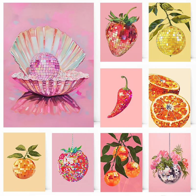 Orange Strawberry Seashell Chilli Disco Ball Flower Planter Pink Poster Print Wall Art Pictures Canvas Painting Room Home Decor