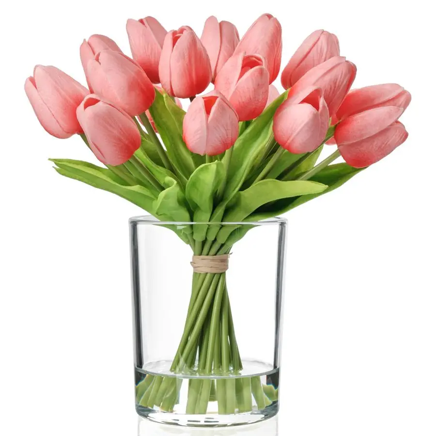 

20 Pcs Tulips Artificial Flowers in Vase, Real Touch Coral Pink Tulips with Glass Vase amp Fake Water, Flower Arrangement Center