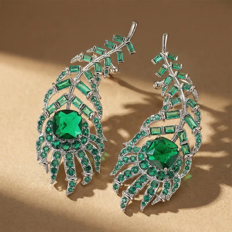 

Изысканные серьги-клипсы с цирконами в виде павлиньего пера для женщин, элегантные серьги-клипсы с листьями и цветами, сверкающие эффектные серьги-клипсы