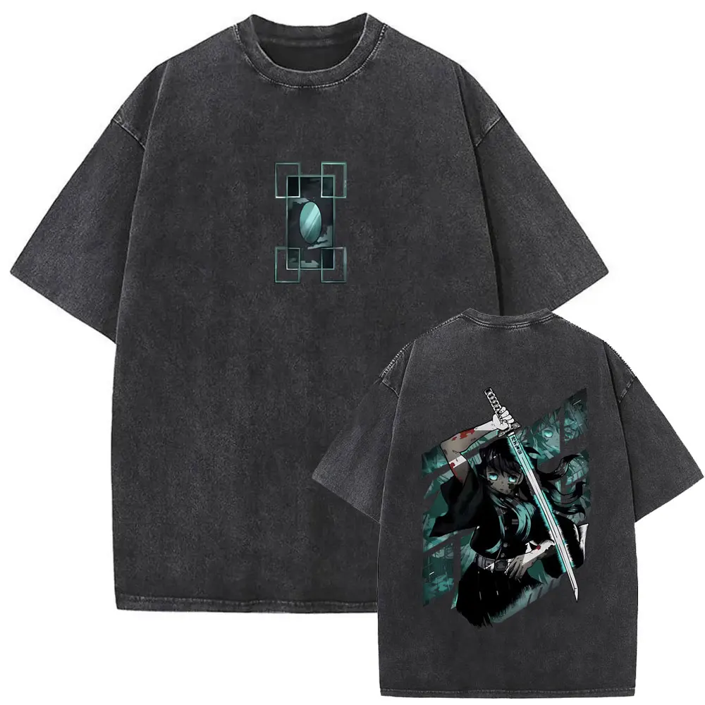 

Washed Vintage Anime Demon Slayer Tokitou Muichirou Graphic T-shirt Men Women Cartoon Fashion Oversized T Shirt Male Streetwear
