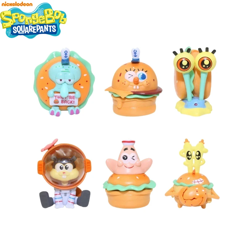 뜨거운 판매 6 개/대 귀여운 스폰지 밥 패트릭 게리 샌디 맛있는 크랩 버거 그림 컬렉션 모델 장난감 어린이 생일 선물