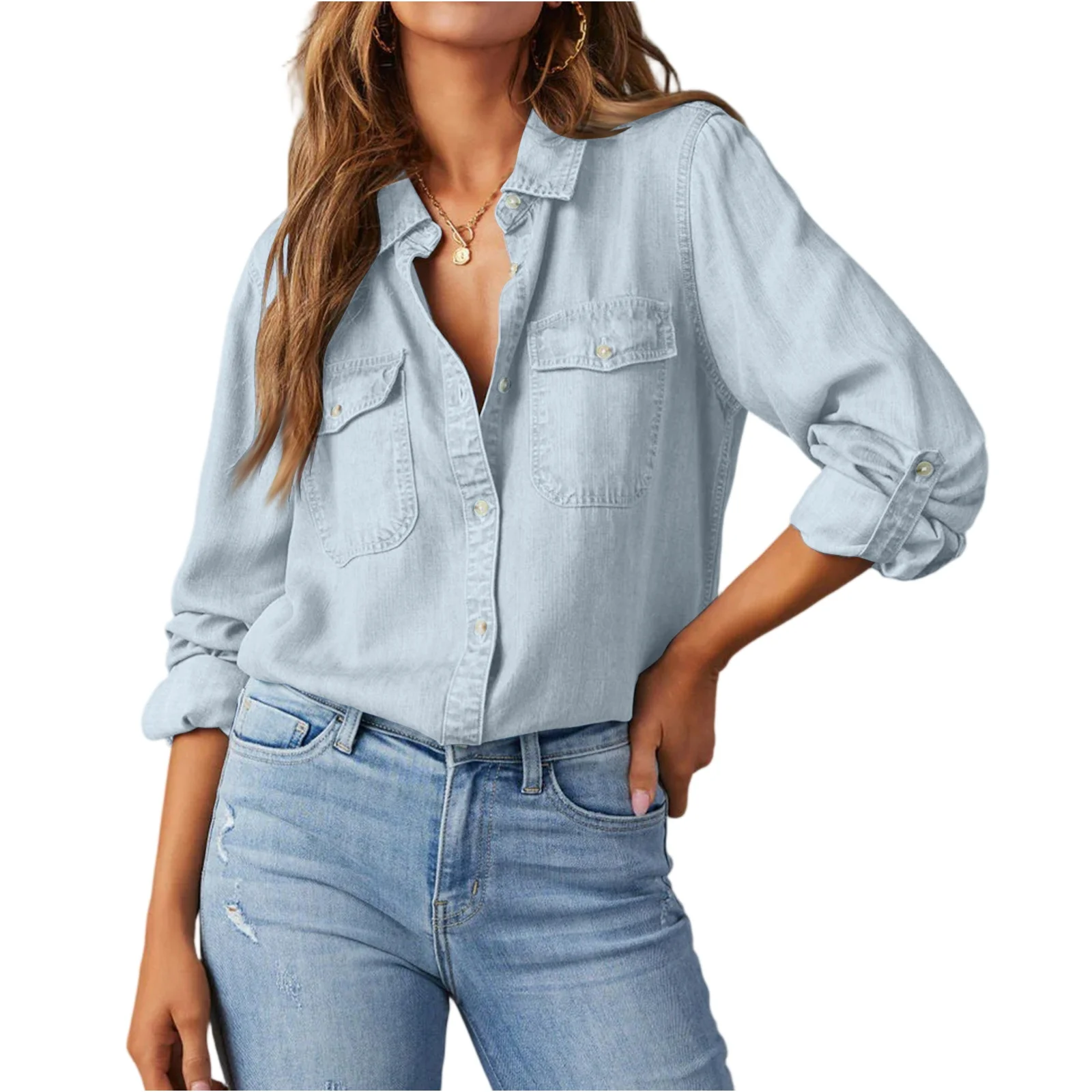 

Comfortable Commuter Casual Blouse Streetwear Autumn Thin Denim Shirt Women's Casual Long-Sleeved Denim Shirt With Pocket 2025