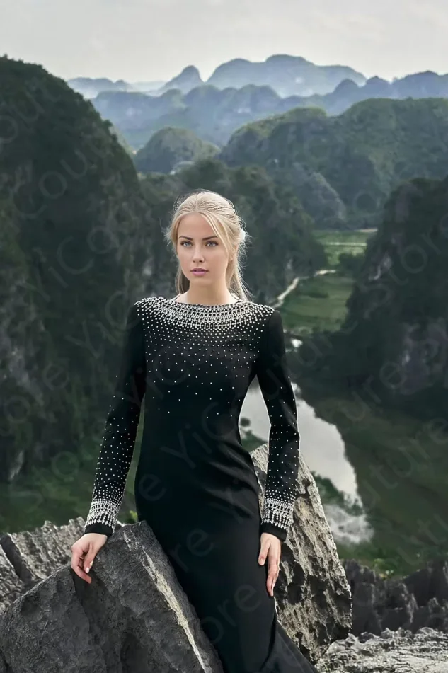 Sukienki wieczorowe w stylu vintage z arabskimi motywami, czarne sukienki na studniówkę, sukienki na przyjęcia z długim rękawem, zdobione koralikami sukienki dla gości weselnych z odkrytymi plecami.