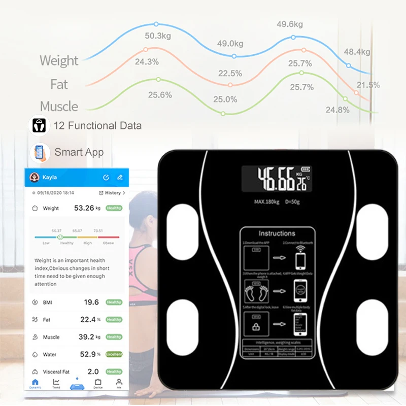 Báscula de IMC de grasa corporal inteligente, Analizador de composiciones de Fitness corporal, Bluetooth, peso electrónico, aplicación de teléfono