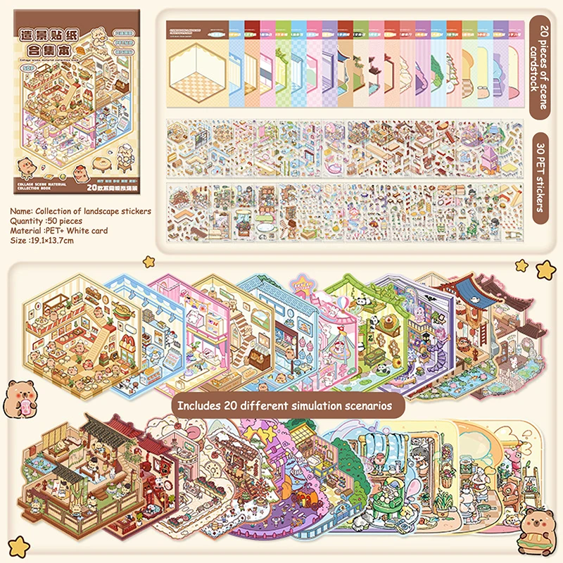 20Pcs Scenes Capybara Cartoon Cabin Scene Sticker Book DIY 3D Landscaping Sticker Birthday Gift for Child Student Wholesale