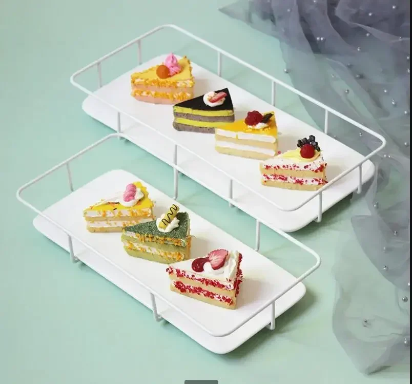 

Wrought Iron White Ceramic Plate Rectangular Cake Pan Wedding Dessert Table Cakes Tray Dessert Plate Display Stand Cake Stand
