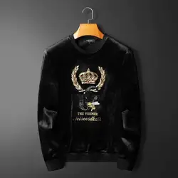 Men's Fall/Winter Crown Embroidered Double-sided Velvet Gold Velvet Thickened Long Sleeve Wear Fashion Handsome Joker Top