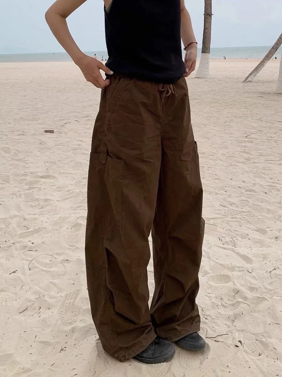 アメリカンレトロストリートソルジャーワークパンツメンズレディースパッチワークプリーツストレートルーズカジュアル多用途ワイドレッグロングパンツ