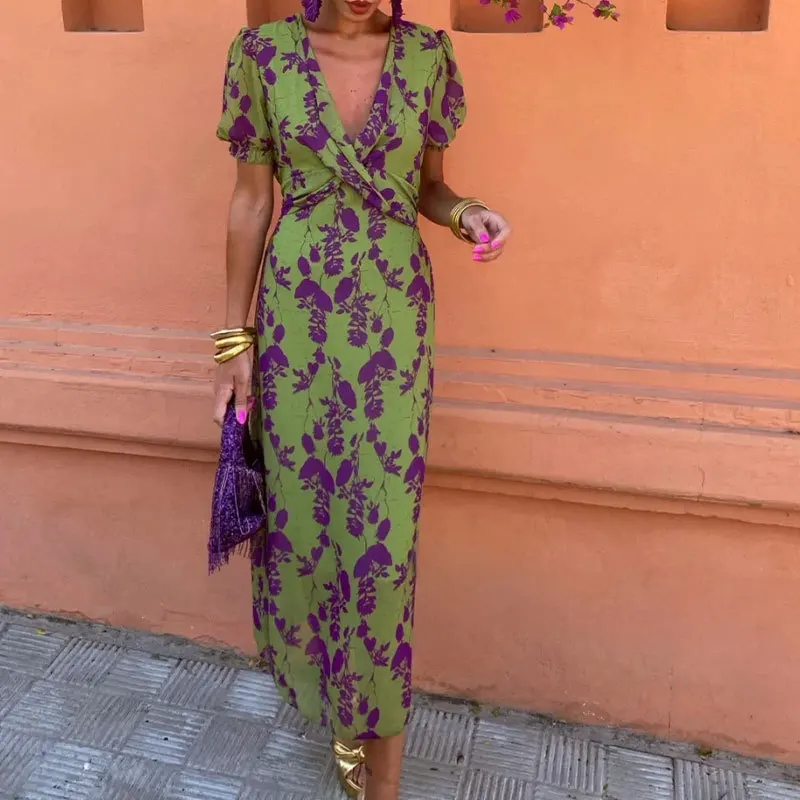 

2025 Women's Spring Clothing Fashion Color Contrast Printed Elegant Slim FitvCollar Short Sleeve Long Dress A002