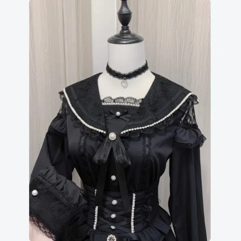 

Японская блузка Kawaii Lolita, женская рубашка с матросским воротником Y2k, эстетические кружевные лоскутные топы в стиле гранж, JK, милые блузки на пуговицах с бантом, 2025