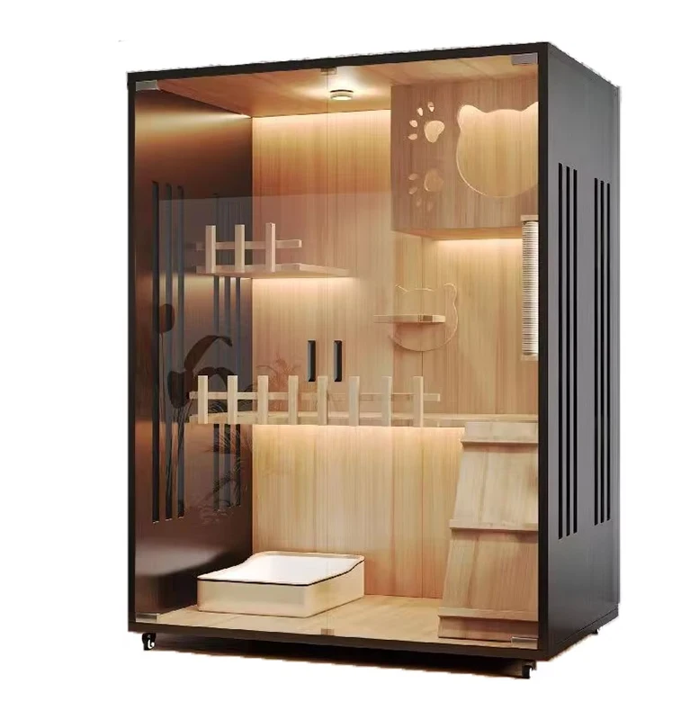 Discount Cat Villa Luxury Large Solid Wood Pet House Multifunction Cat Furniture Panoramic Display Cabinet Modern Cat Cabinet