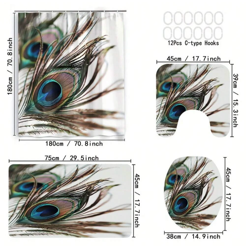 4pcs Wildlife Feather Design Shower Curtain Set, Includes Toilet Seat Cover, Waterproof, Bathroom Accessories With Hooks