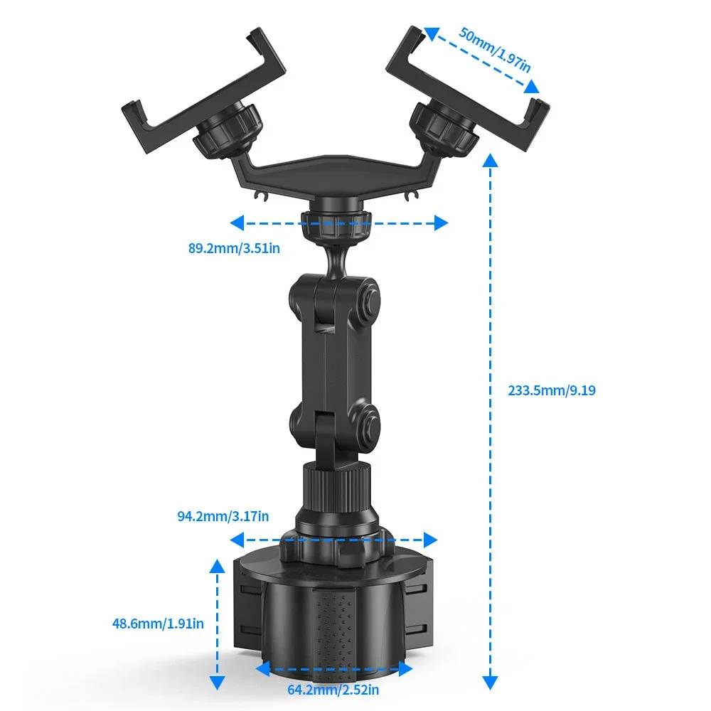 Dual Phone Holder for Car Cup Holder 360° Rotatable Car Phone Holder ABS Clamp Mount for 3 To 7 Inch Size Mobile Phone