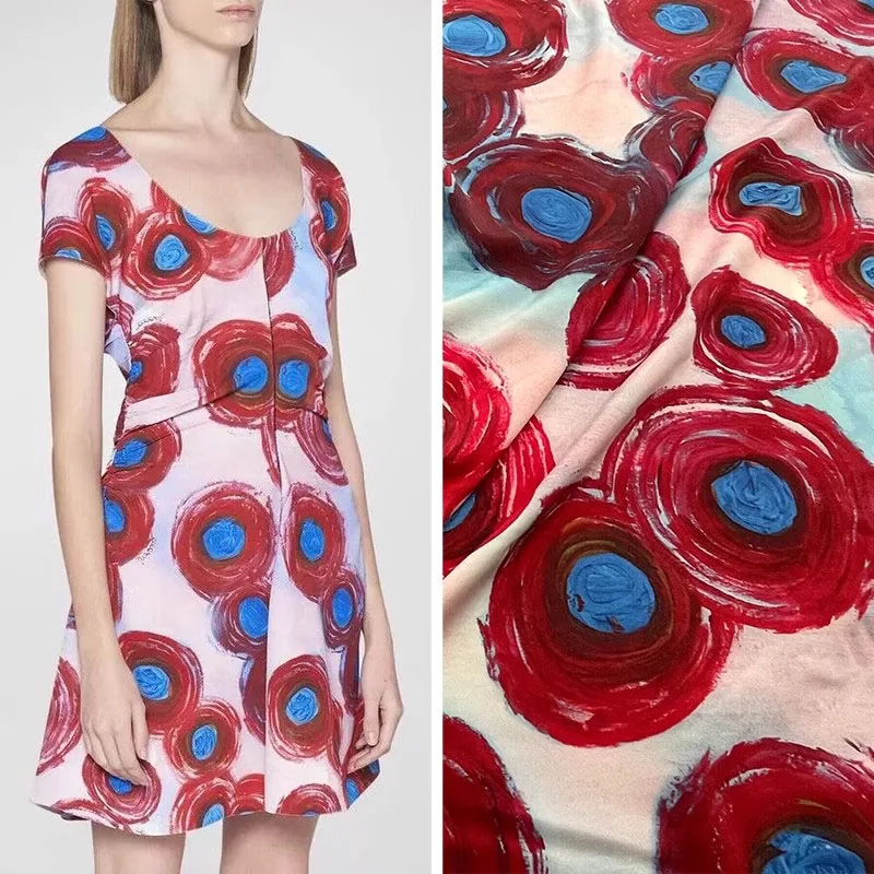 Europe and America Blue and Red Dot Printed Polyester Or Cotton Fabric For Women Dress Blouse Handmade DIY Cloth Sewing Material