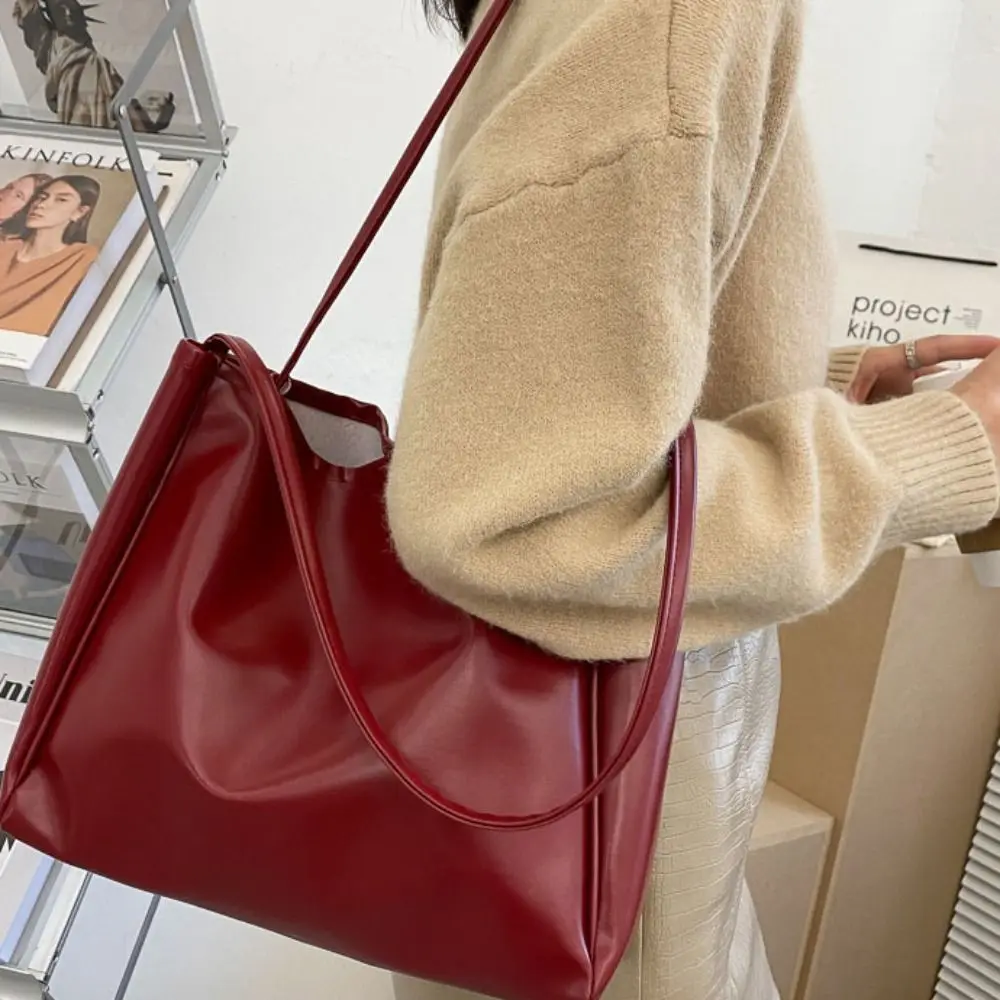 Retro Korean Style PU Shoulder Bag Handbag Solid Color Waterproof Tote Bag Large Capacity Minority Design Underarm Bag Travel