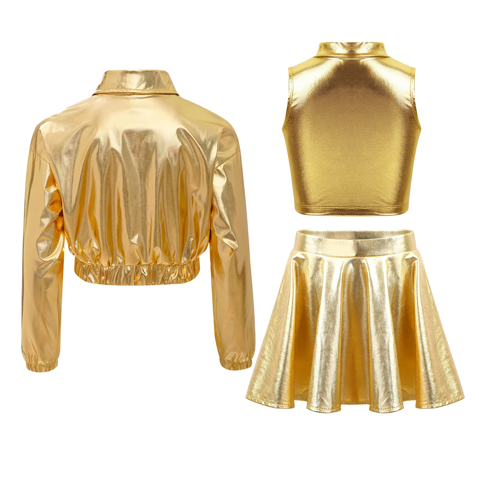 3Pcs Kids Girls Hip Hop Dance Outfit Metallic Shiny Turn-Down Collar Long Sleeve Jacket Outwear+Turtleneck Crop Tank Tops+Skirt