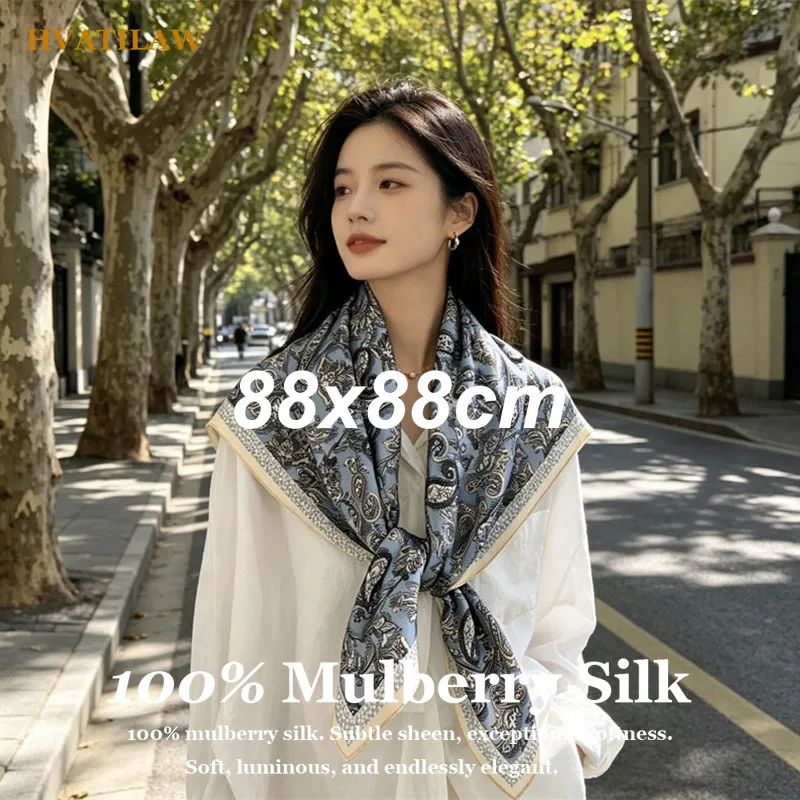 

Luxury 100% Pure Silk Scarf 88x88cm Large Square Silk Scarf for Women Designer Paisley Print Head Scarf Hijab Bandana Neck Wrap