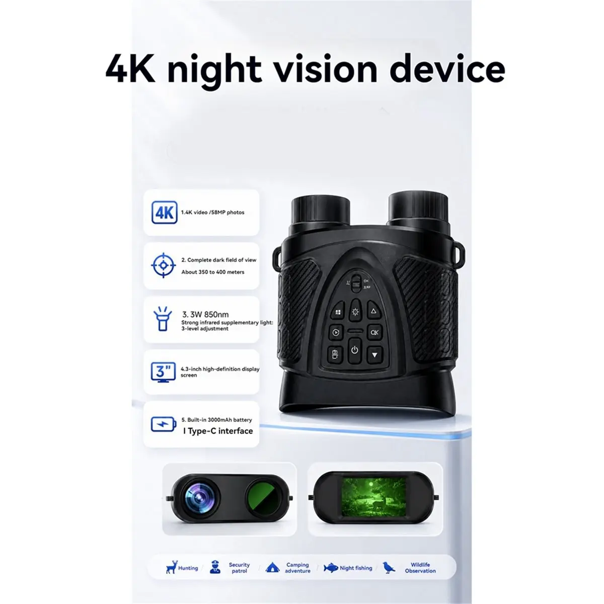 4K Night Vision Binoculars,8X Zoom Infrared Night Vision 350-400M Full Darkness View for Wildlife Observation