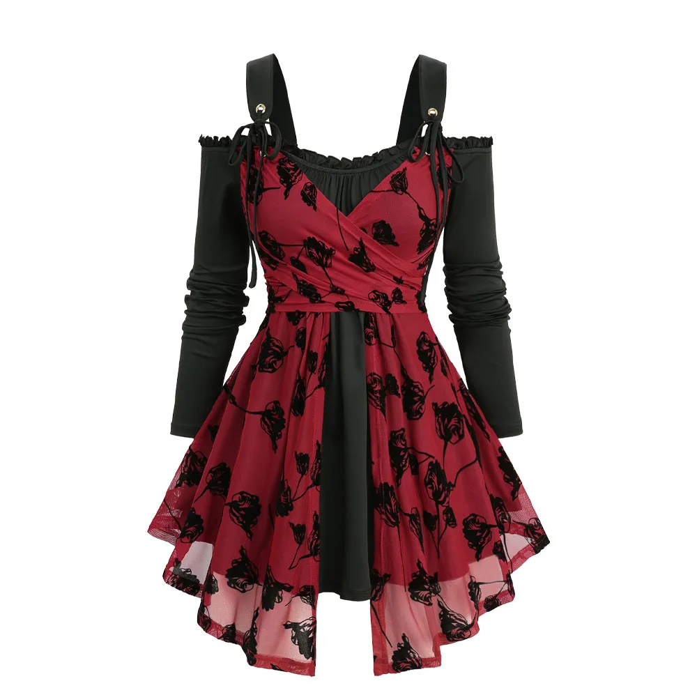 

ROSEGAL женские футболки больших размеров с открытыми плечами, цветочные флокированные 2 в 1, осенние повседневные топы с длинными рукавами, блузки