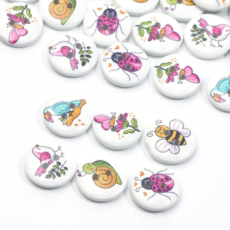 50pcs 15mm Mixed Bird Bee Butterfly Ladybug Buttons Wooden Buttons For Clothes Decorative Crafts Supplies Diy Sewing Accessories