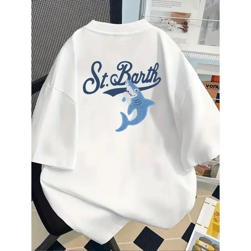 여성용 세인트 바스 쇼크 프린트 반소매 티셔츠 기하학적 패턴 디자인의 캐주얼 크루넥 탑 여성용 패션 티셔츠