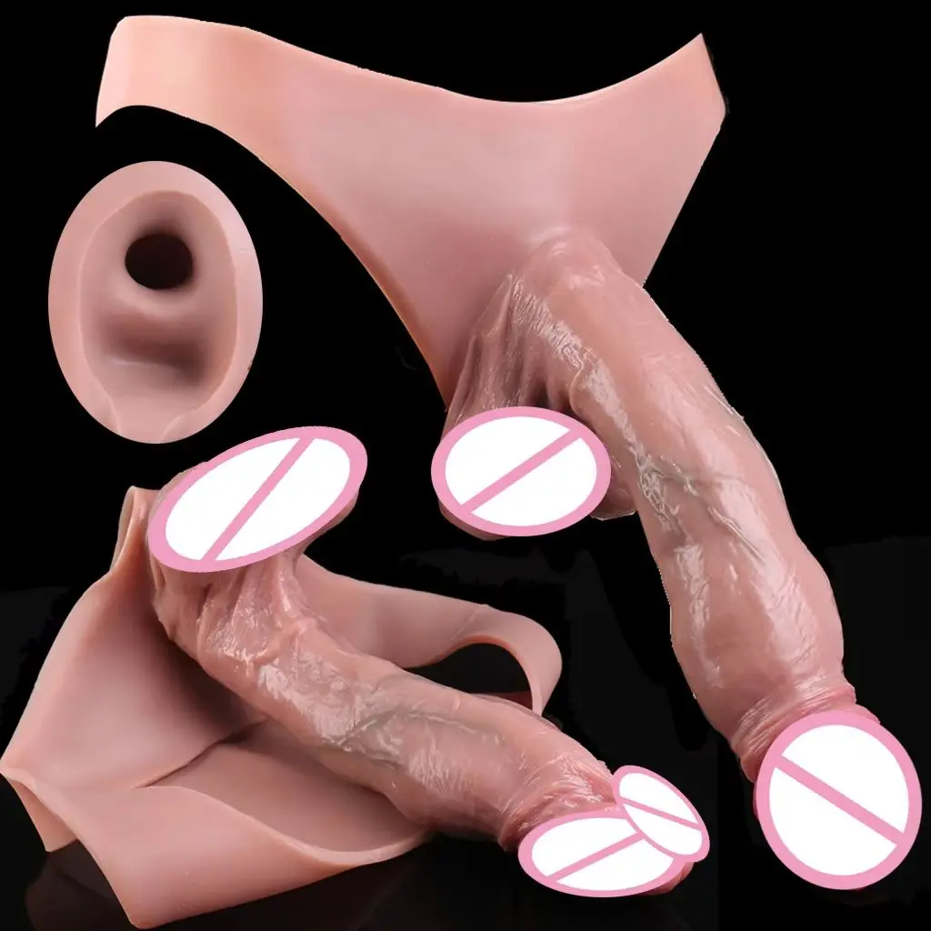 FAAK Wearable Long Realistic Hollow Dildo Briefs  Silicone Nude Penis Sleeve Panties Cock Enlargement  Adult Sex Toys 18 Plus