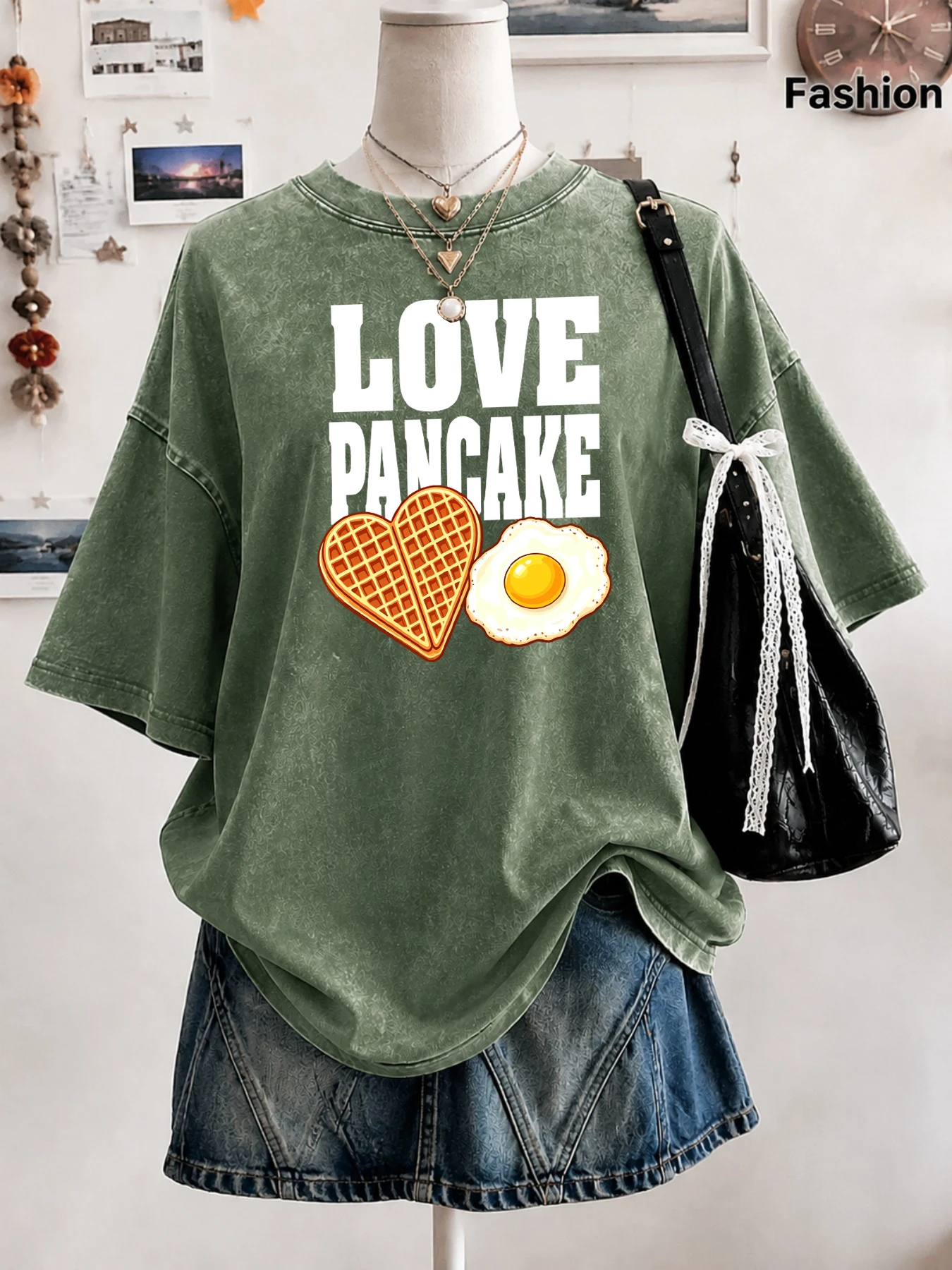 Love Pancake Heart Waffle Fried Egg Prints Women'S Washed T Shirts Cotton T-Shirt Casual Y2K Korean Sportswear Summer Loose Top