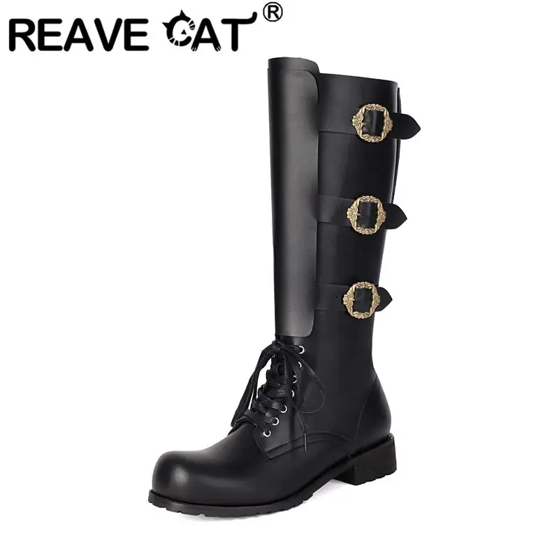 REAVE CAT Brown Women Knee High Boots Round Toe 4cm Thick Heel Lace Up Belt Buckles Plus Size 47 48 49 50 Leisure Riding Booties