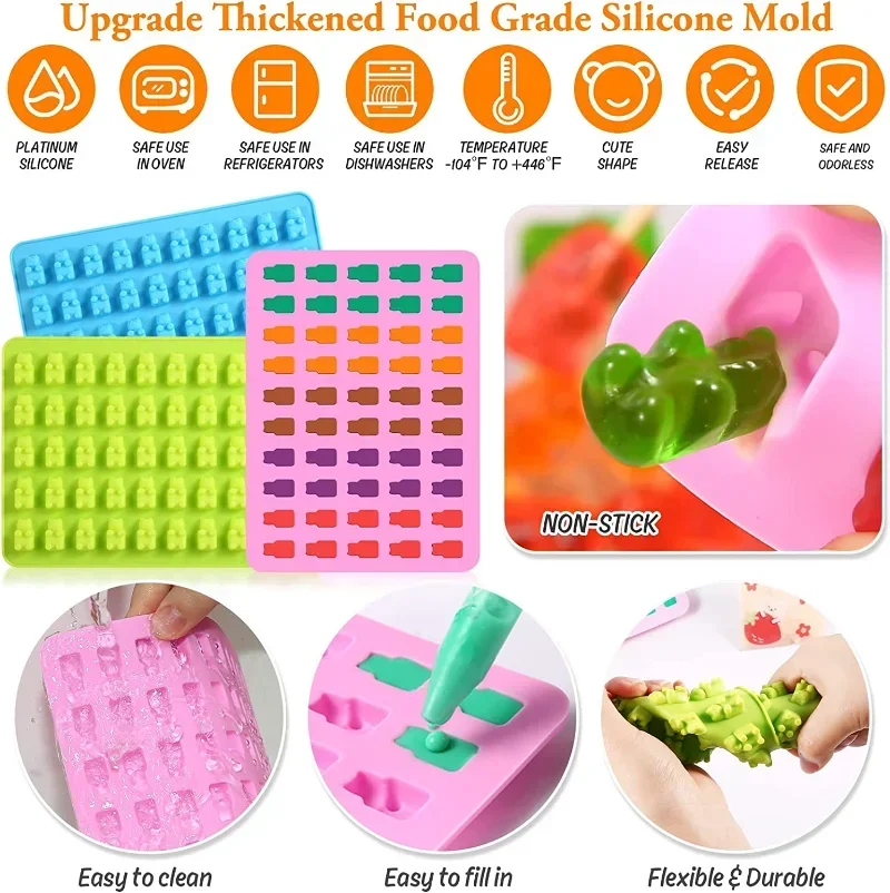 50 Grids Gummy Bear Mold Silicone Cute Bear Jelly Mould with Dropper Candy Chocolate Fondant Moulds DIY Baking Decoration Tools