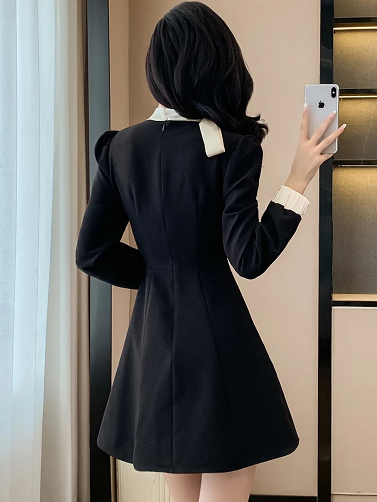 Herfst Winter Zwarte Lange Mouw Chique Boog Kraag Mini Jurk Vrouwen Elegant Casual A-lijn Jurk 2025, Koreaanse Bodycon Festival Jurken