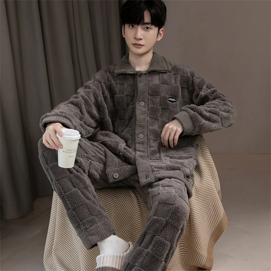 Men\'s Winter Warm Sleepwear Comfortable Pajama Sets 2 Pieces Thickened Homewear for Men Coral Fleece Nightwear Big size 3XL