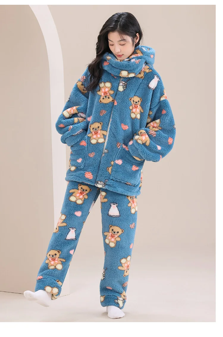 Women Hooded Pajama Set with Built-in Scarf, Thick Fluffy Fleece Zip Sleepwear, Cartoon Bear Print / Solid Color  Home Outfit