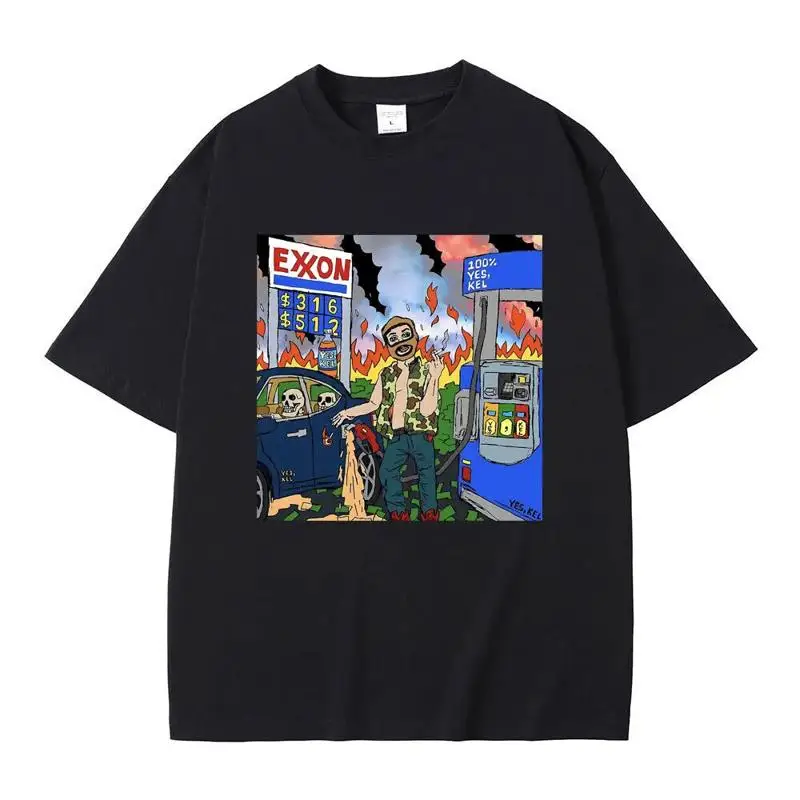 Burning Gas Station Cartoon Funny Meme Print T Shirt Hip Hop Casual