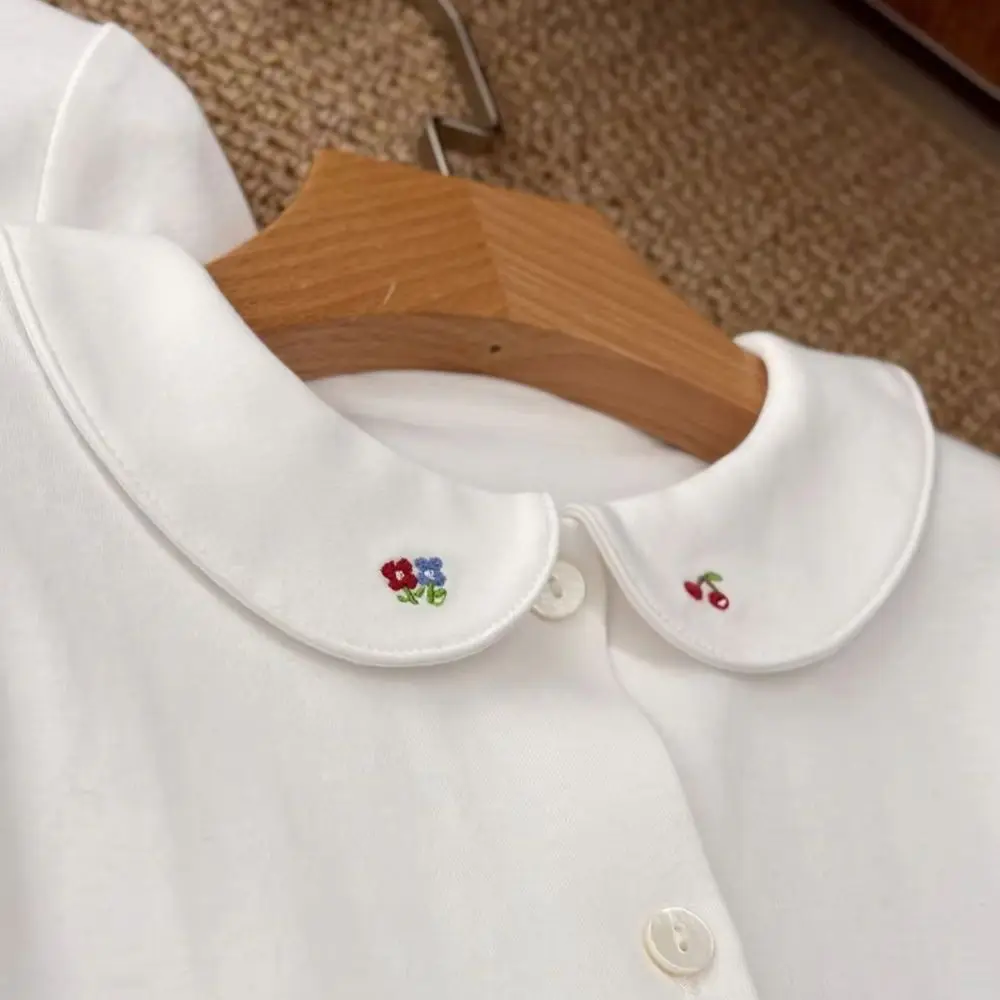 

baby spring clothes girls Flower pattern embroidered lapel shirt Cute girl's doll collar versatile top baby Bottom shirt and top