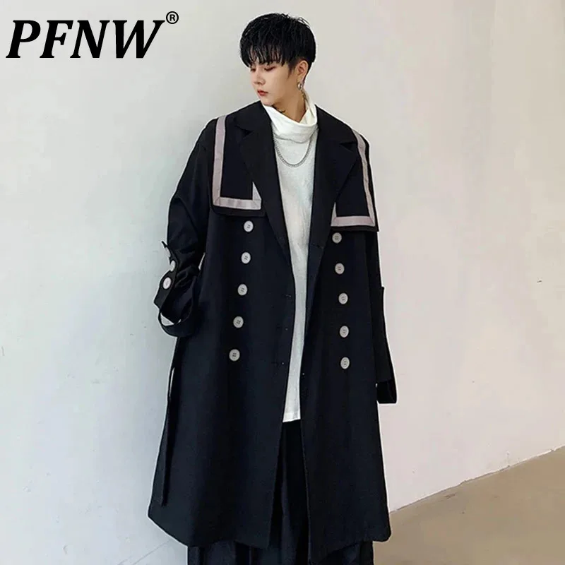 

PFNW Winter Spring Dark Style Men's Trench Personality Turn-down Collar Ribbon Male Long Windbreaker Coat Patchwork Tide 9C3756