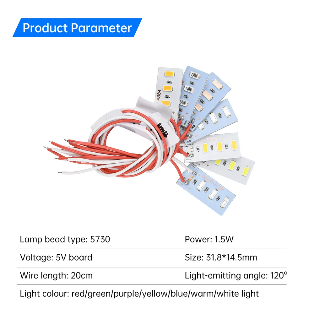 5 uds alto brillo 1,5 W 5V LED 5730 SMD lámpara de Color bombilla de tablero de luz con línea rojo amarillo verde azul luz blanca cálida