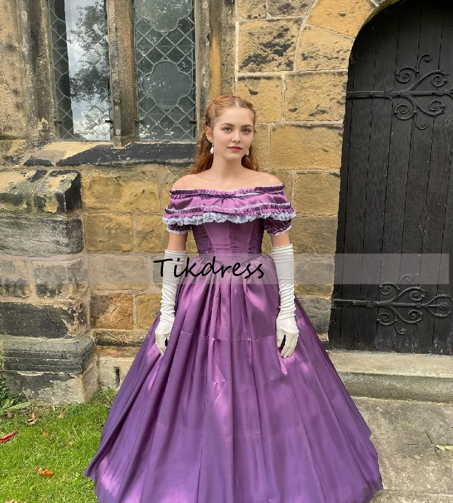 

Civil War Reenactment Prom Dress With Lace Elegant Purple A Line Satin Medieval Evening Dress Floor Length Formal Customized
