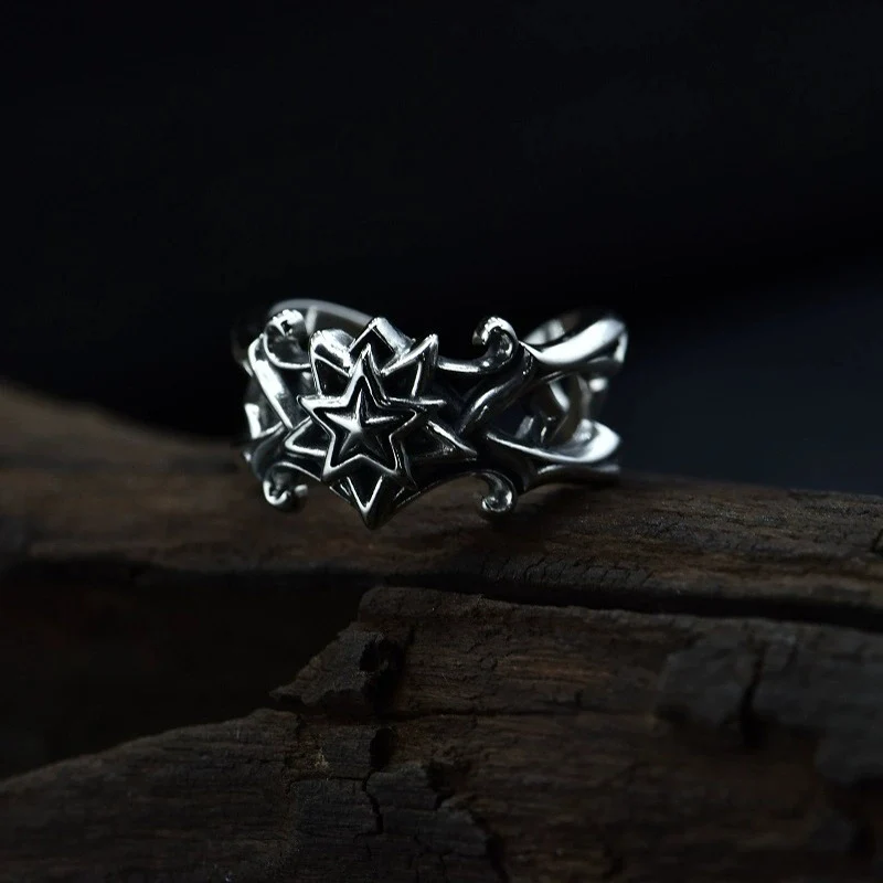 Retro Thai Silver Pentagonal Star Ring Opening Hip-hop Men's Rings Fashion Personality Finger Jewelry KOFSAC