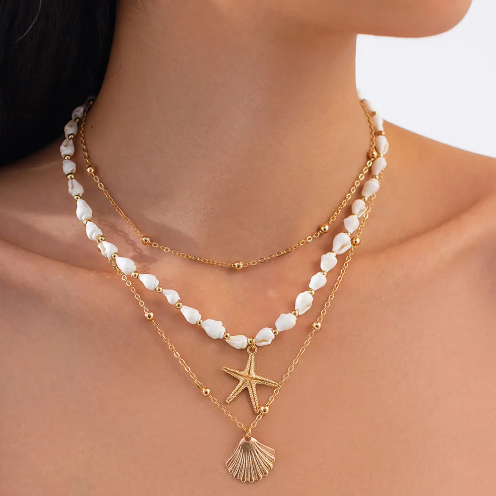 Fashion Multilayer Sarfish & Shell Pendant Necklace For Women Boho Vacation style Handmade Collarbone chain N0505