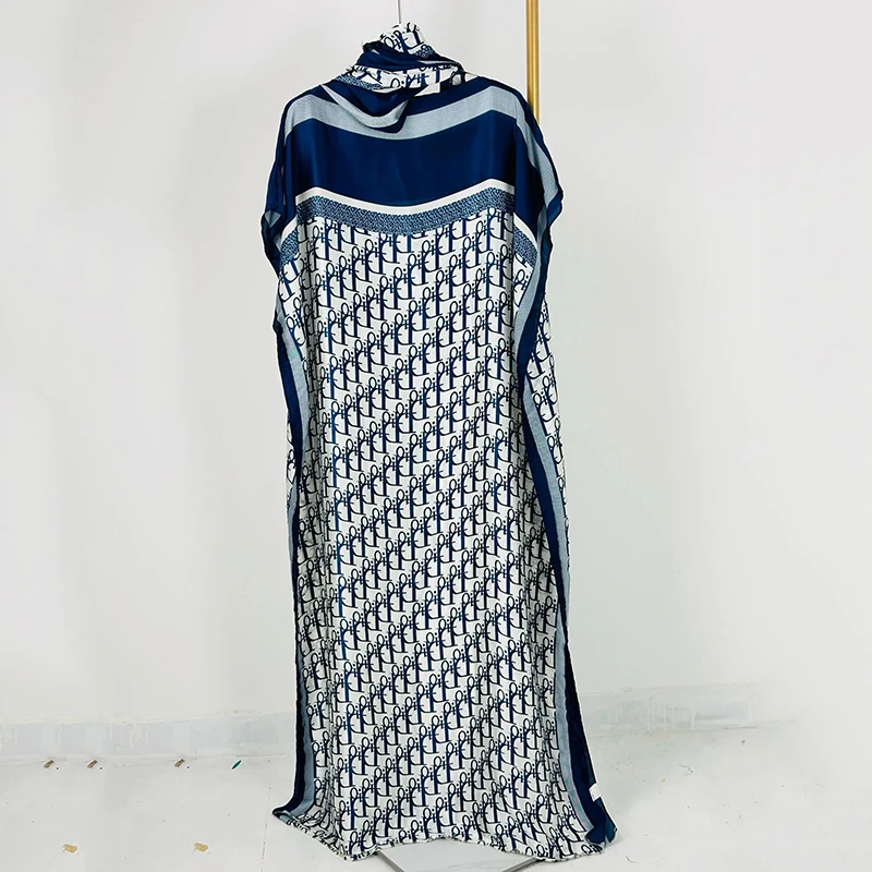 여성 아프리카 드레스 2 세트 Headscarf 기하학 인쇄 Kaftan 140cm 맥시 드레스 크루 넥 반팔 플러스 사이즈 의류