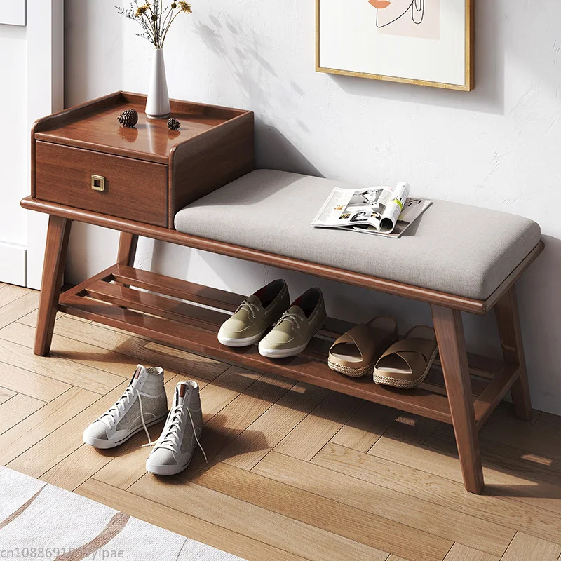 Nordic Solid Wood Shoe Stool Household Can Sit To Wear Shoes Stool Door Entry Soft Bag Bench Porch To Store Shoe Rack Furniture