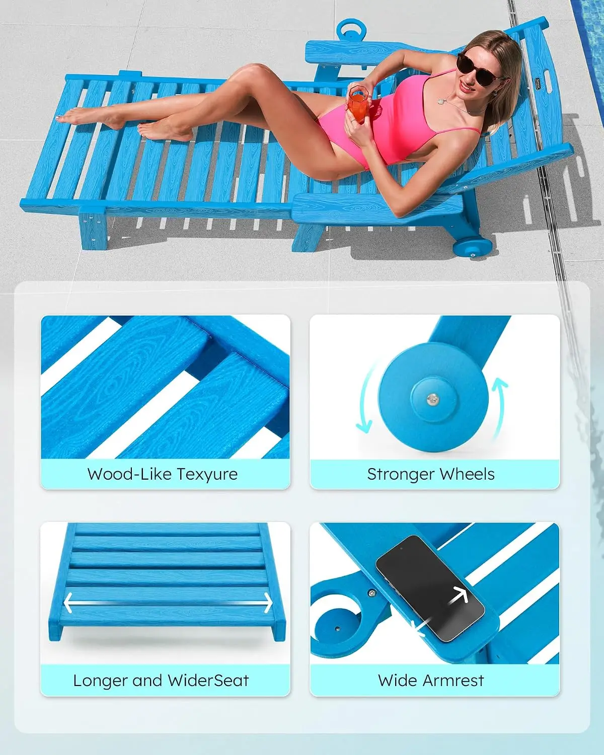 Oversize HDPE Patio Chaise Lounge with Wheels, 6-Position Wood Texture Plastic Lounge Chair for Poolside & Deck, Customized