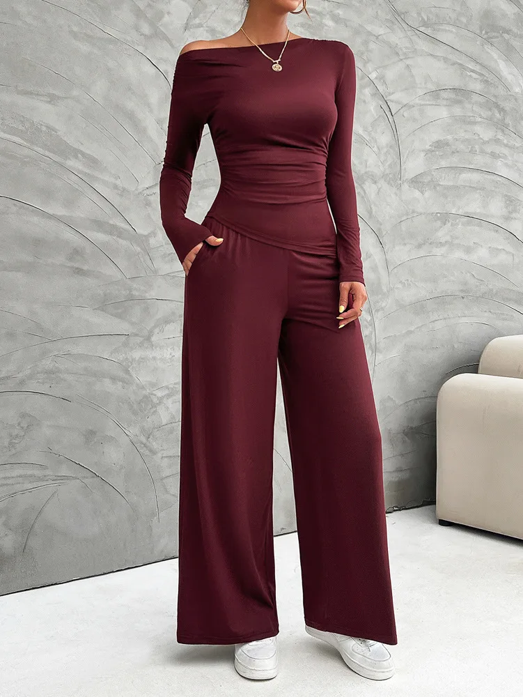 FTLZZ Autumn Winter Women Two Piece Sets Solid Slim Tops and Wide-leg Trousers Casual Lady Suits