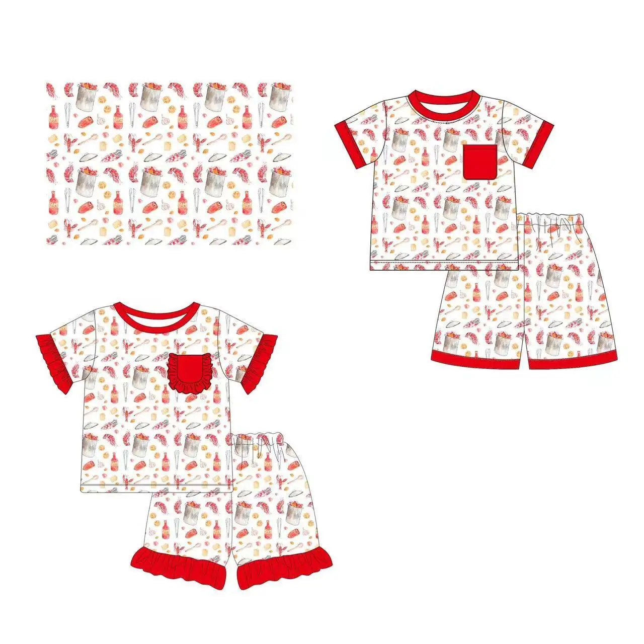 

New children's matching set crayfish print short-sleeved shorts set boys and girls pajamas summer new hot sale