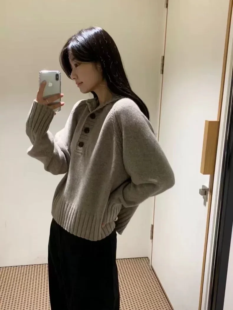 Felpa con cappuccio lavorata a maglia ampia da donna Design semplice con bottoni Sle Top sopra la testa Dongdaemun Colletto Henry Faion coreano