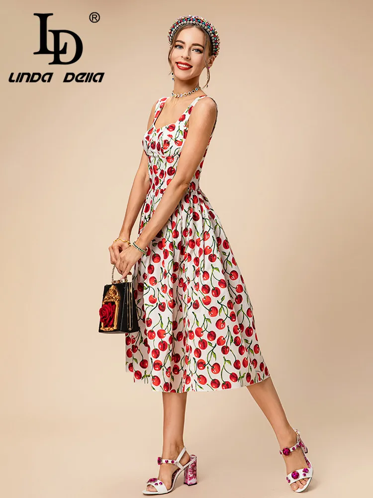LD LINDA DELLA Summer Fashion Designer Elastic Waist Dress Women\'s Pure Cotton Suspender Splice Draped Tight Fitting Type Dress
