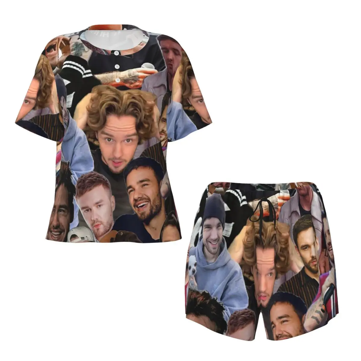 

Liam Payne Photo Collage Round Neck Short Sleeve Nightgowns for Sleeping Sleepshirts Women Soft Pajama Set Short Pants