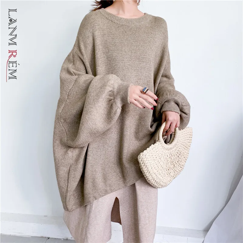 LANMREM 2024 Spring New Fashion Solid Color Round Neck Pullover Bat Sleeve  Long Knit Sweater Women PB615