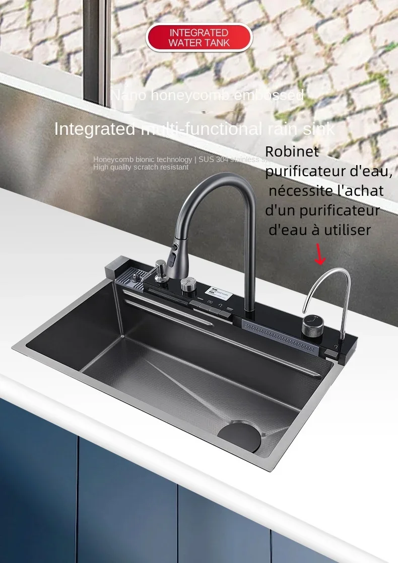 Lavello da cucina a cascata in acciaio inossidabile 304 Set di rubinetti con display digitale integrato a fessura singola grande Dispenser di sapone Lavatazze