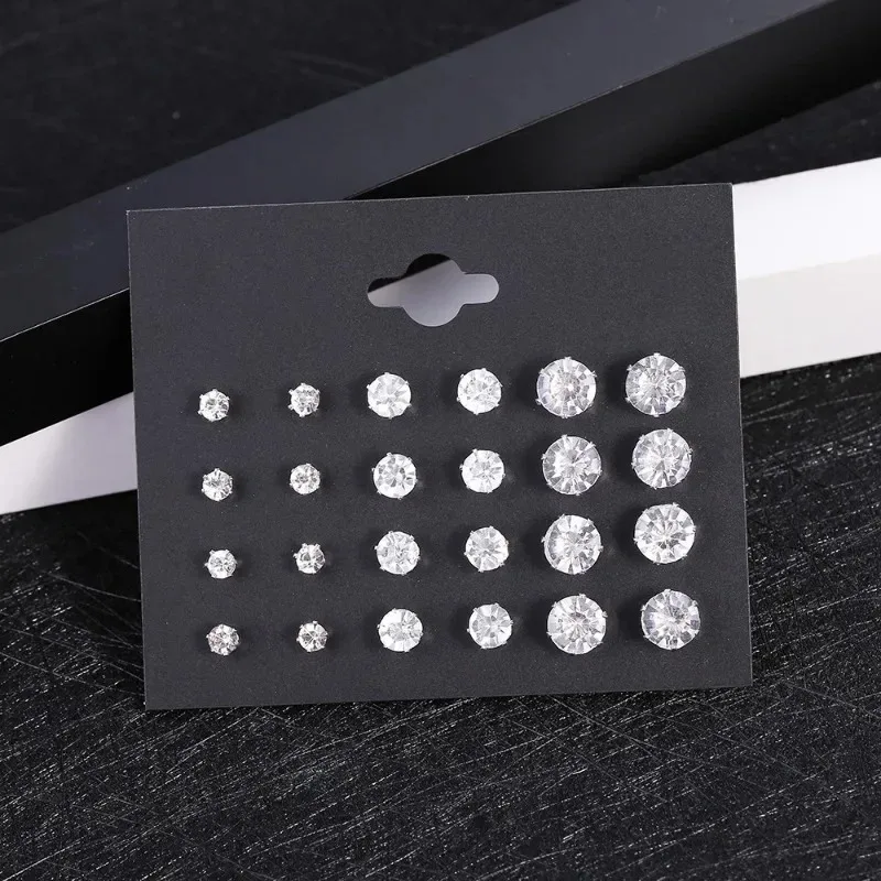 Nuevo Juego de 12 par/pack de pendientes de boda brillantes blancos para mujeres y hombres, accesorios de joyería de cristal, pendientes de joyería Oorbellen